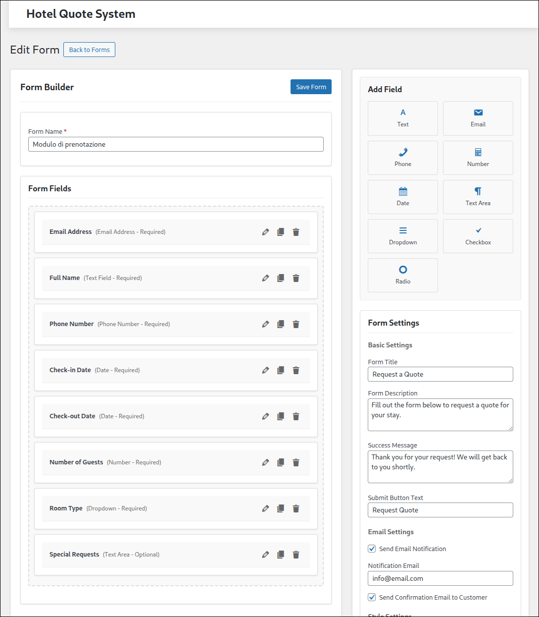 hotel quote system form