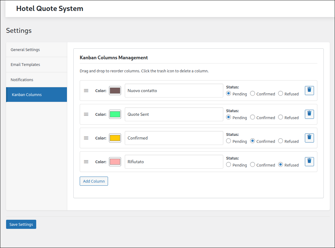 hotel quote system settings